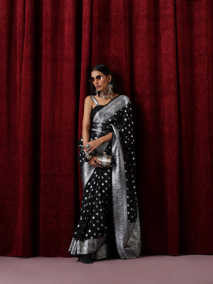 Dhiyona ST Black and Silver Pure Georgette Saree with Blouse Fabric