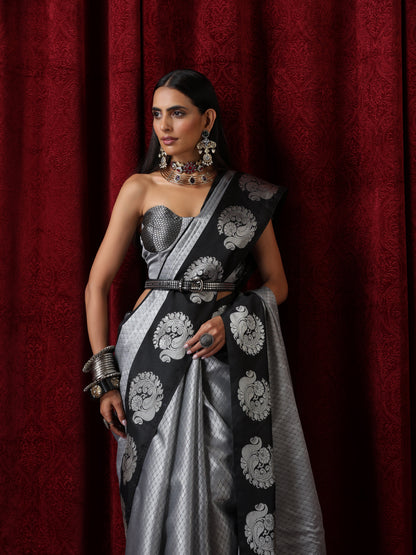 Dhiyona ST Grey Jacquard Saree with Black Border with Blouse Fabric