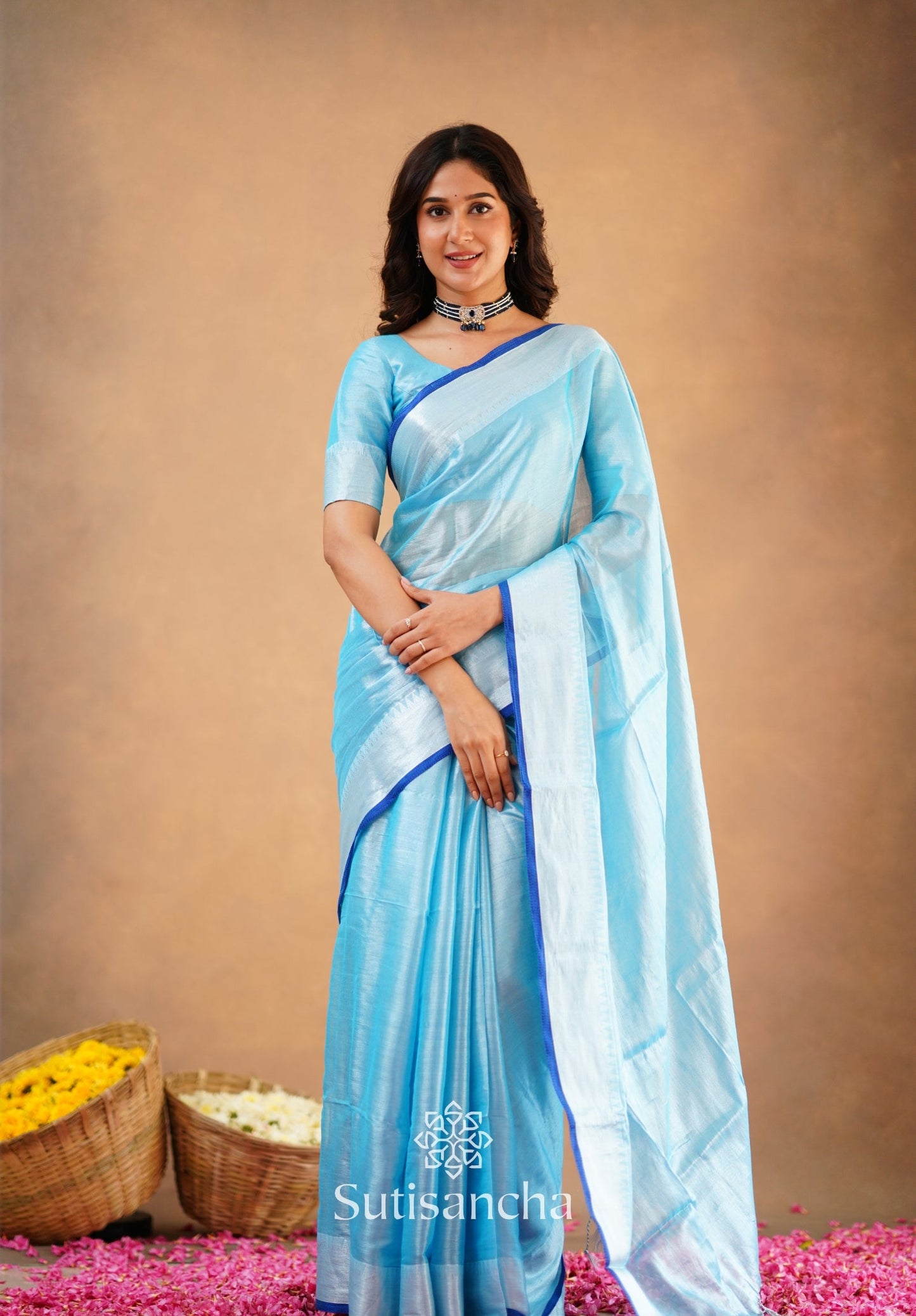 Dhiyona SS Sutisancha Aqua Blue Handloom Cotton Tissue Saree