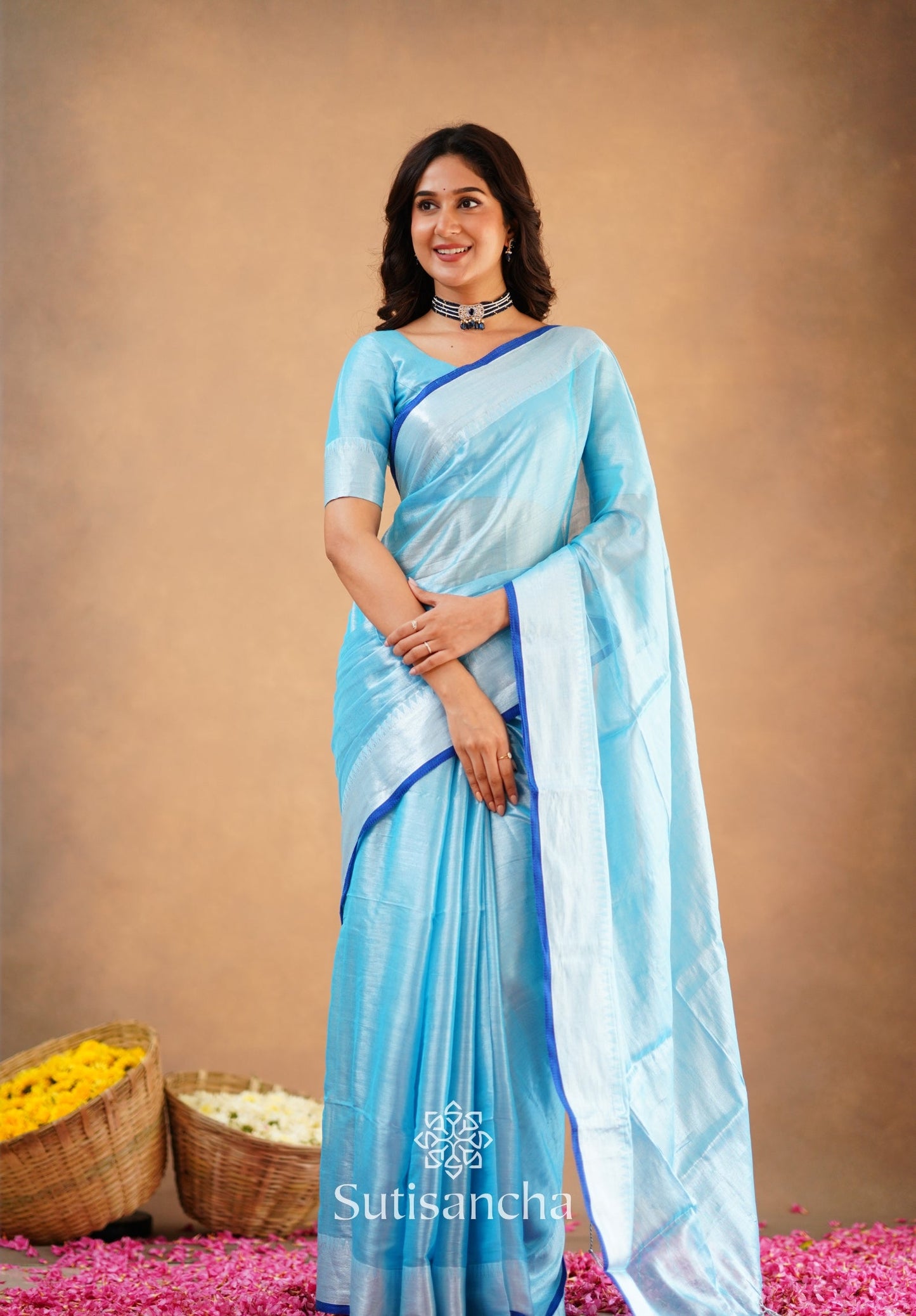 Dhiyona SS Sutisancha Aqua Blue Handloom Cotton Tissue Saree