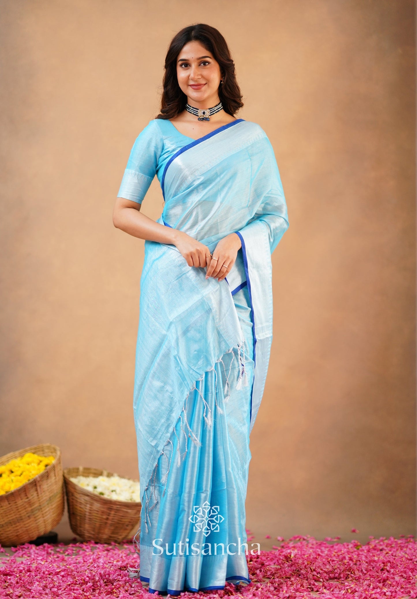Dhiyona SS Sutisancha Aqua Blue Handloom Cotton Tissue Saree
