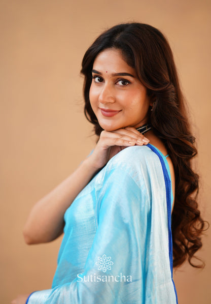 Dhiyona SS Sutisancha Aqua Blue Handloom Cotton Tissue Saree