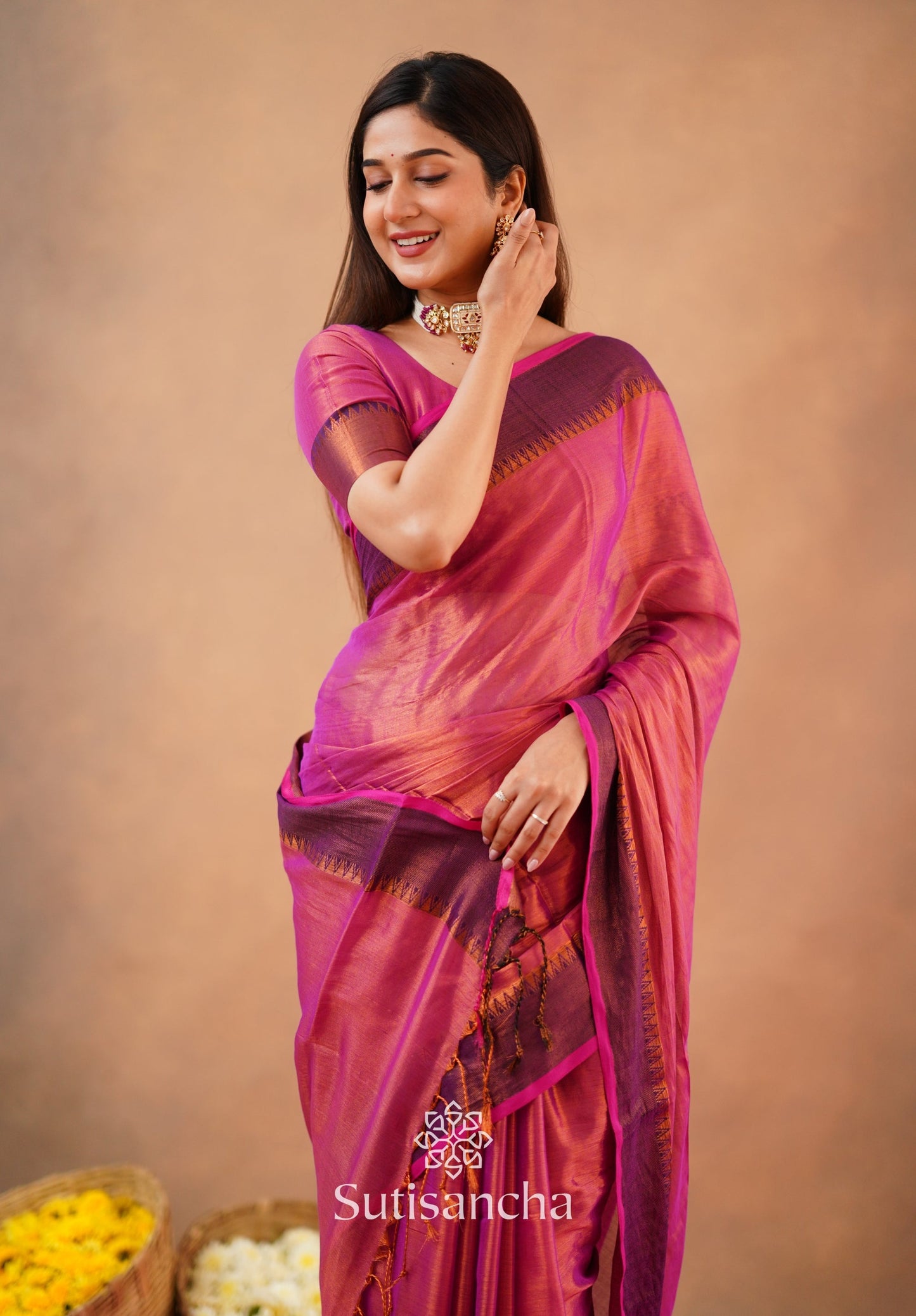 Dhiyona SS Sutisancha Peach Handloom Cotton Tissue Saree