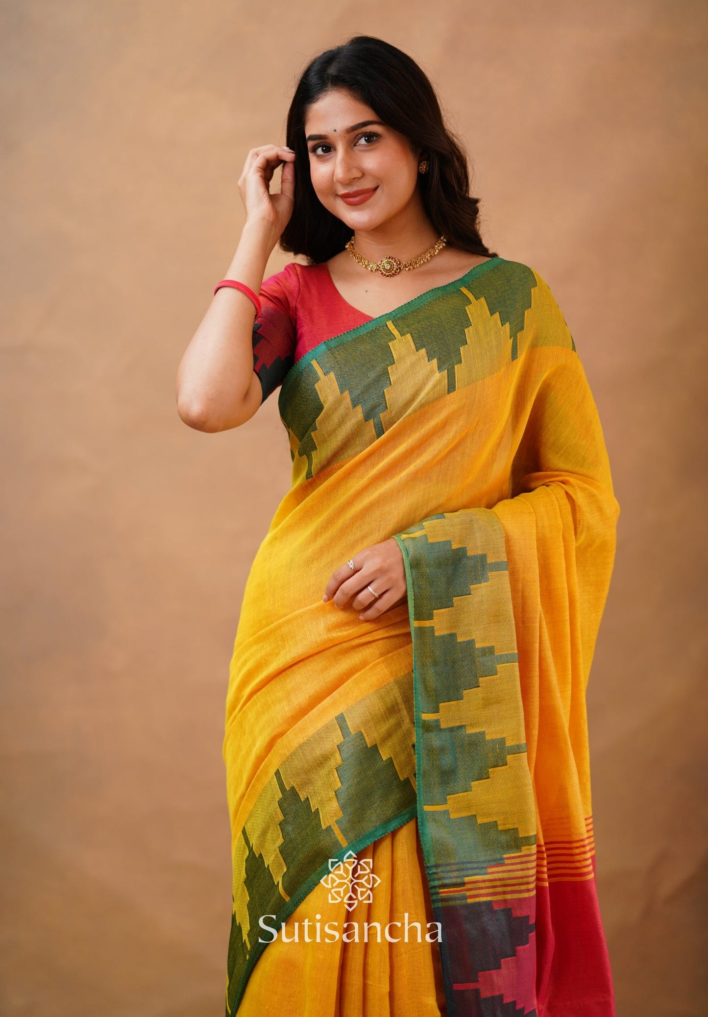 Dhiyona SS Tissue Cotton Handloom Saree with Artisanal Stepped Border