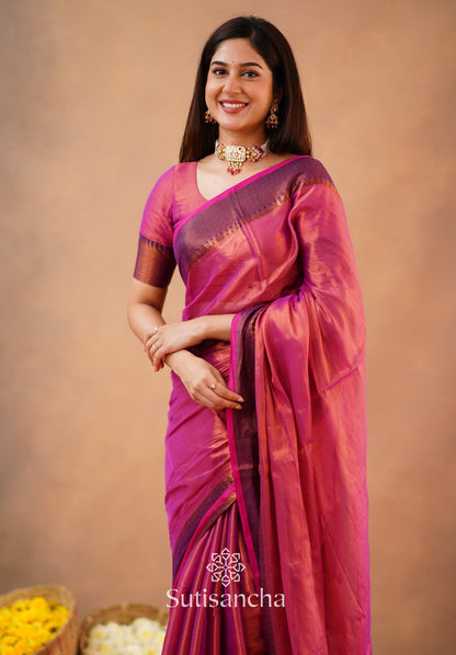 Dhiyona SS Sutisancha Peach Handloom Cotton Tissue Saree