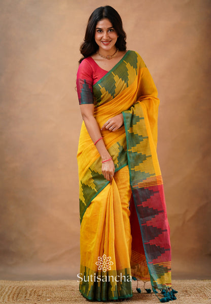 Dhiyona SS Tissue Cotton Handloom Saree with Artisanal Stepped Border