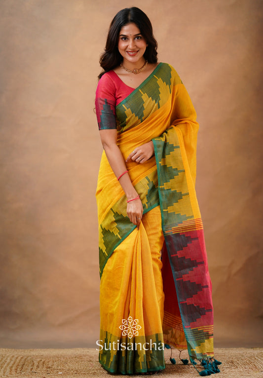 Dhiyona SS Tissue Cotton Handloom Saree with Artisanal Stepped Border