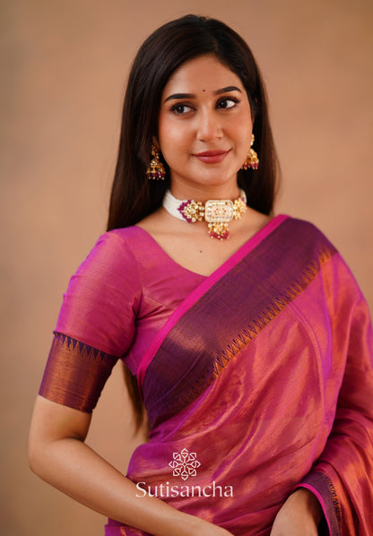 Dhiyona SS Sutisancha Peach Handloom Cotton Tissue Saree