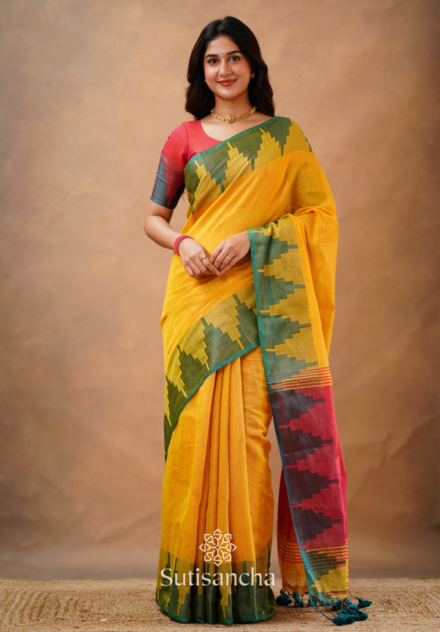 Dhiyona SS Tissue Cotton Handloom Saree with Artisanal Stepped Border