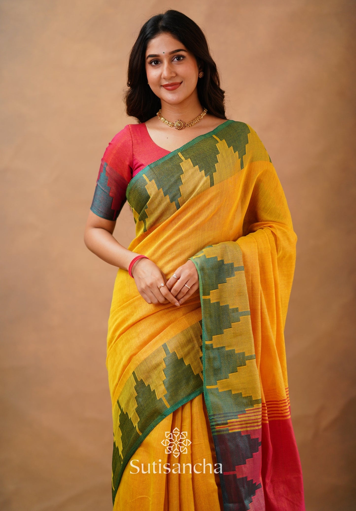 Dhiyona SS Tissue Cotton Handloom Saree with Artisanal Stepped Border