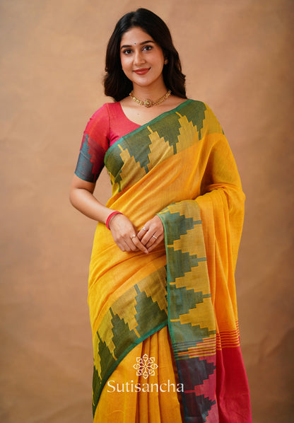 Dhiyona SS Tissue Cotton Handloom Saree with Artisanal Stepped Border