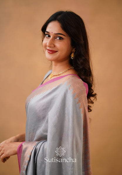 Dhiyona SS Sutisancha Metal Gray Handloom Cotton Designer Tissue Saree