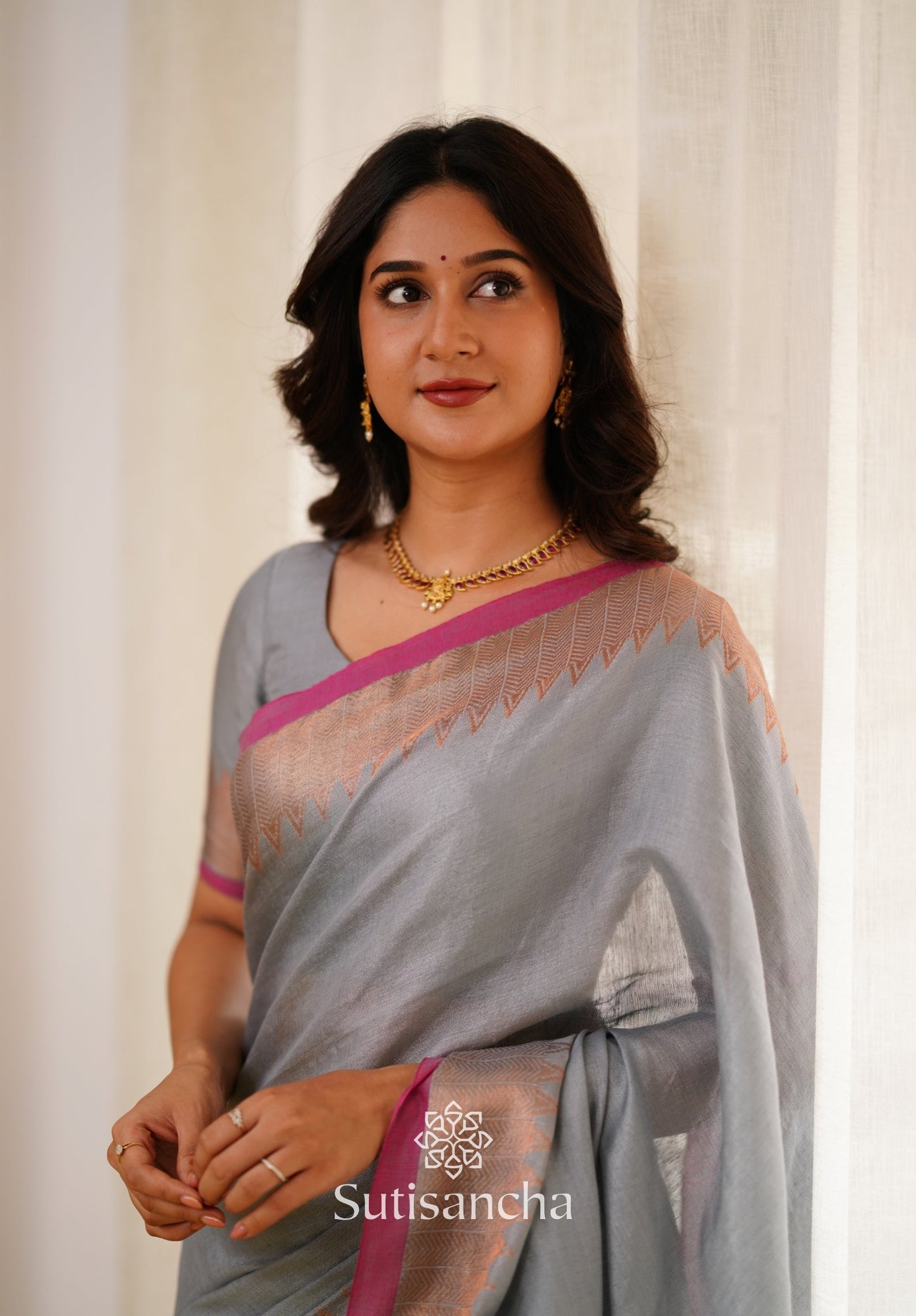 Dhiyona SS Sutisancha Metal Gray Handloom Cotton Designer Tissue Saree
