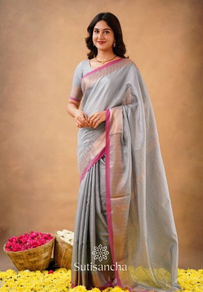 Dhiyona SS Sutisancha Metal Gray Handloom Cotton Designer Tissue Saree