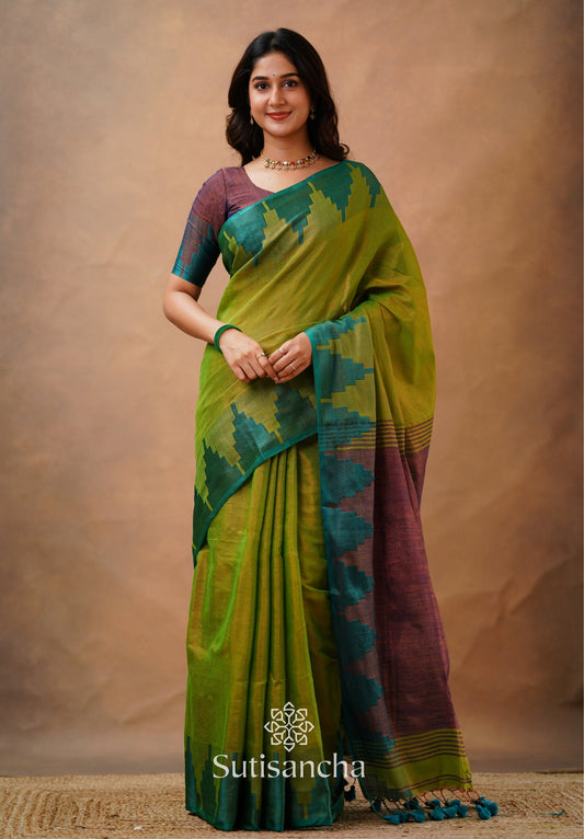Dhiyona SS Tissue Cotton Handloom Saree with Artisanal Stepped Border