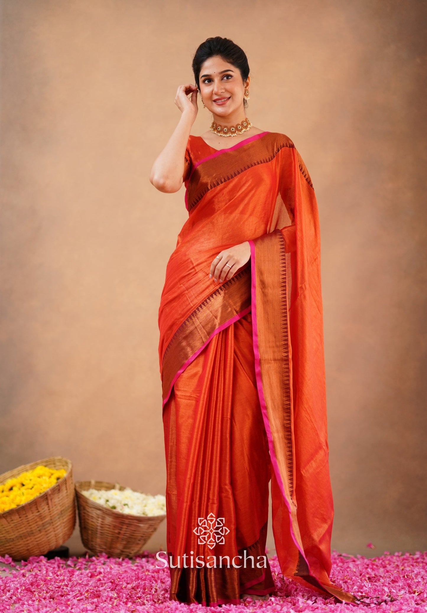 Dhiyona SS Sutisancha Orange Handloom Cotton Tissue Saree