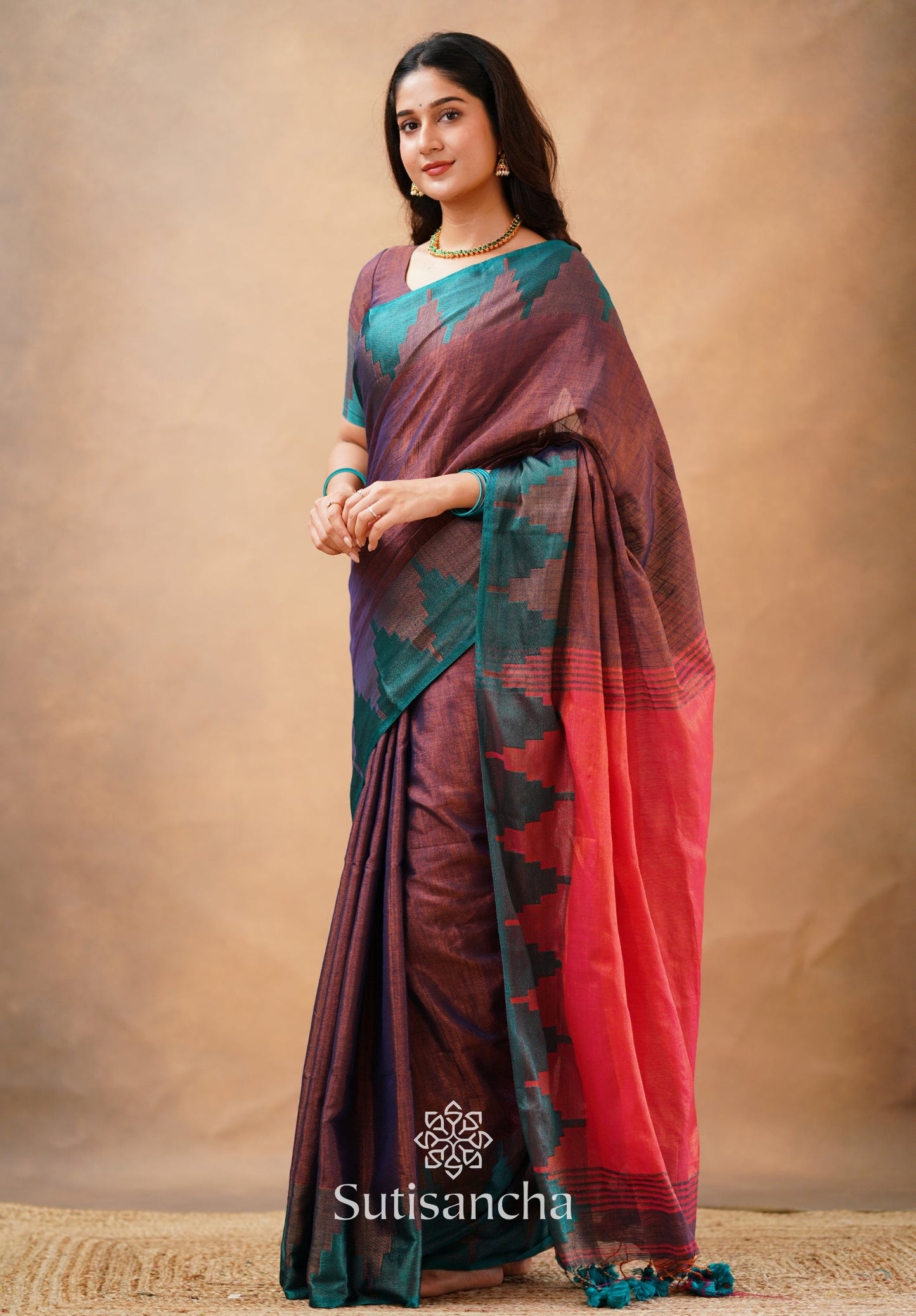 Dhiyona SS Tissue Cotton Handloom Saree with Artisanal Stepped Border
