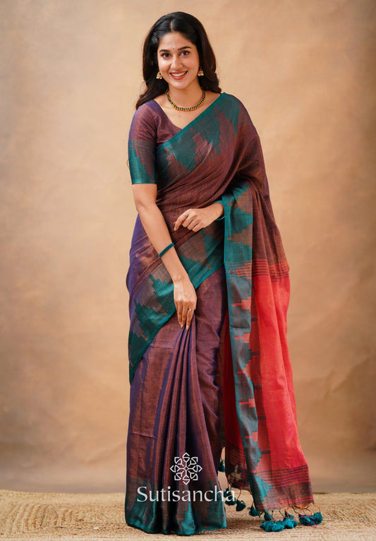 Dhiyona SS Tissue Cotton Handloom Saree with Artisanal Stepped Border
