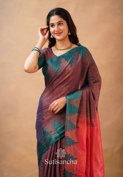Dhiyona SS Tissue Cotton Handloom Saree with Artisanal Stepped Border