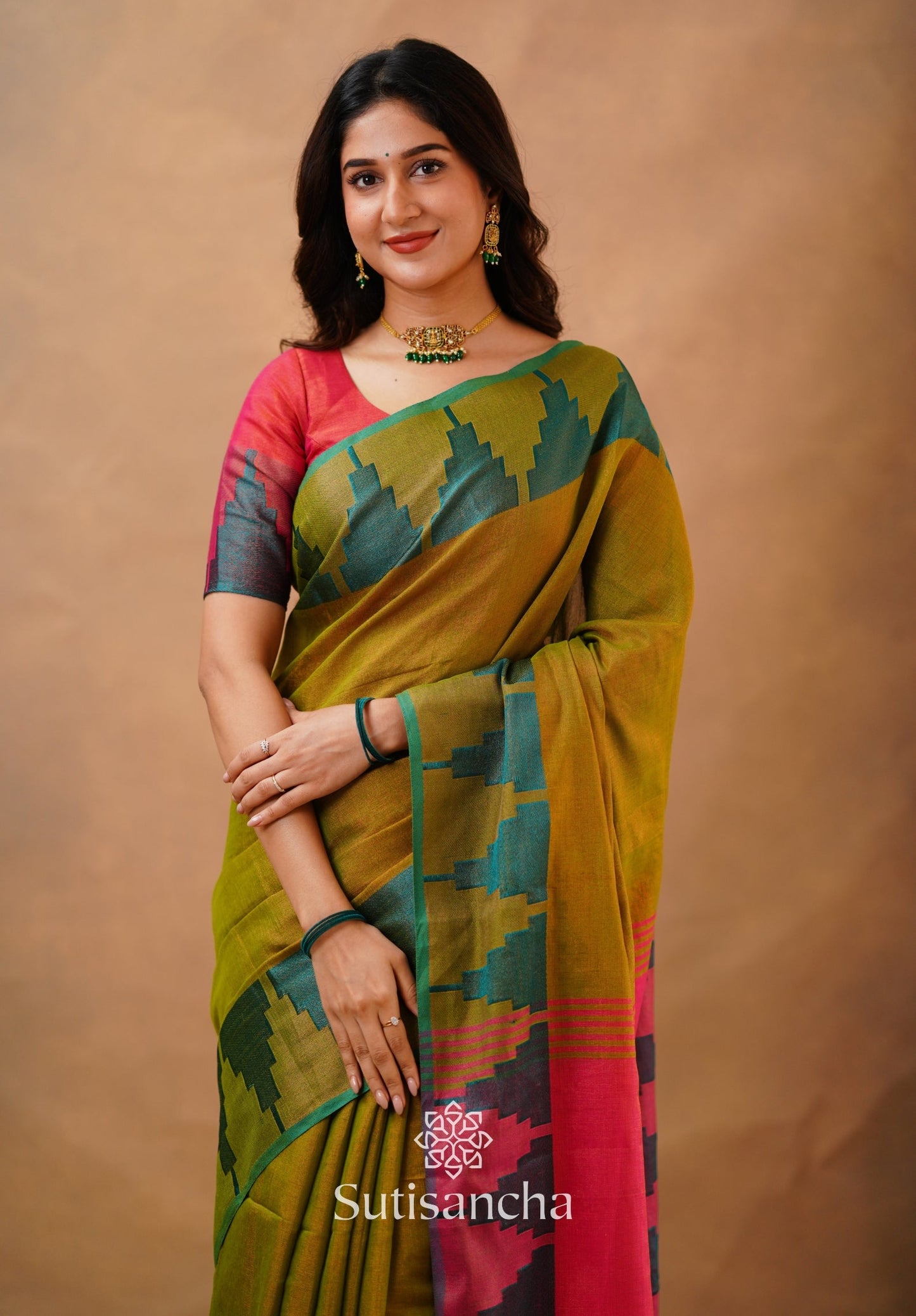 Dhiyona SS Tissue Cotton Handloom Saree with Artisanal Stepped Border