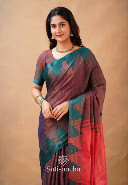 Dhiyona SS Tissue Cotton Handloom Saree with Artisanal Stepped Border