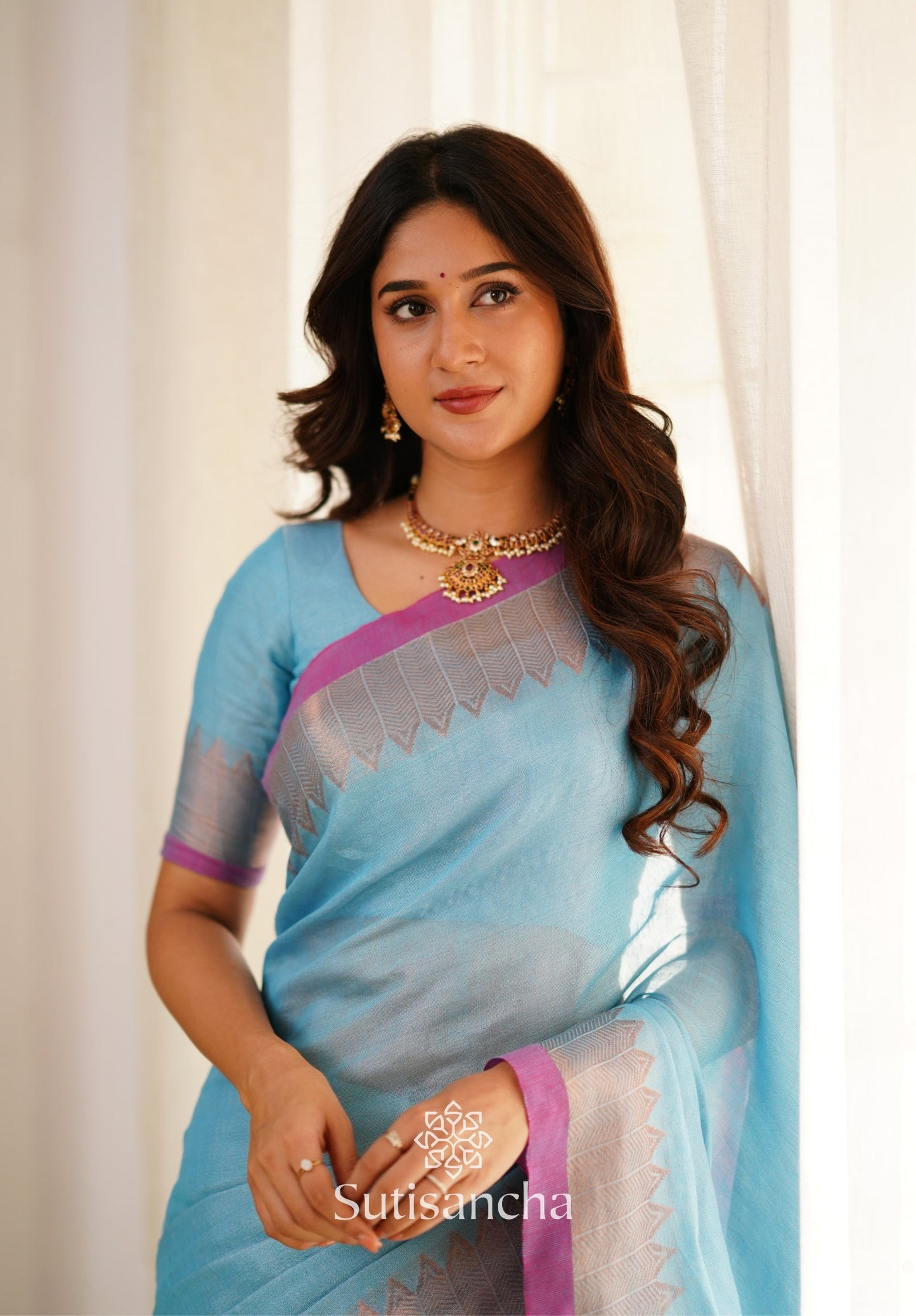 Dhiyona SS Sutisancha Aqua Sky Handloom Cotton Designer Tissue Saree