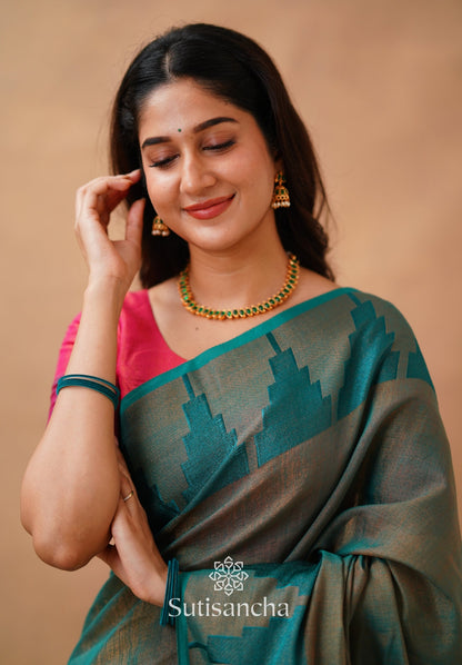 Dhiyona SS Tissue Cotton Handloom Saree with Artisanal Stepped Border