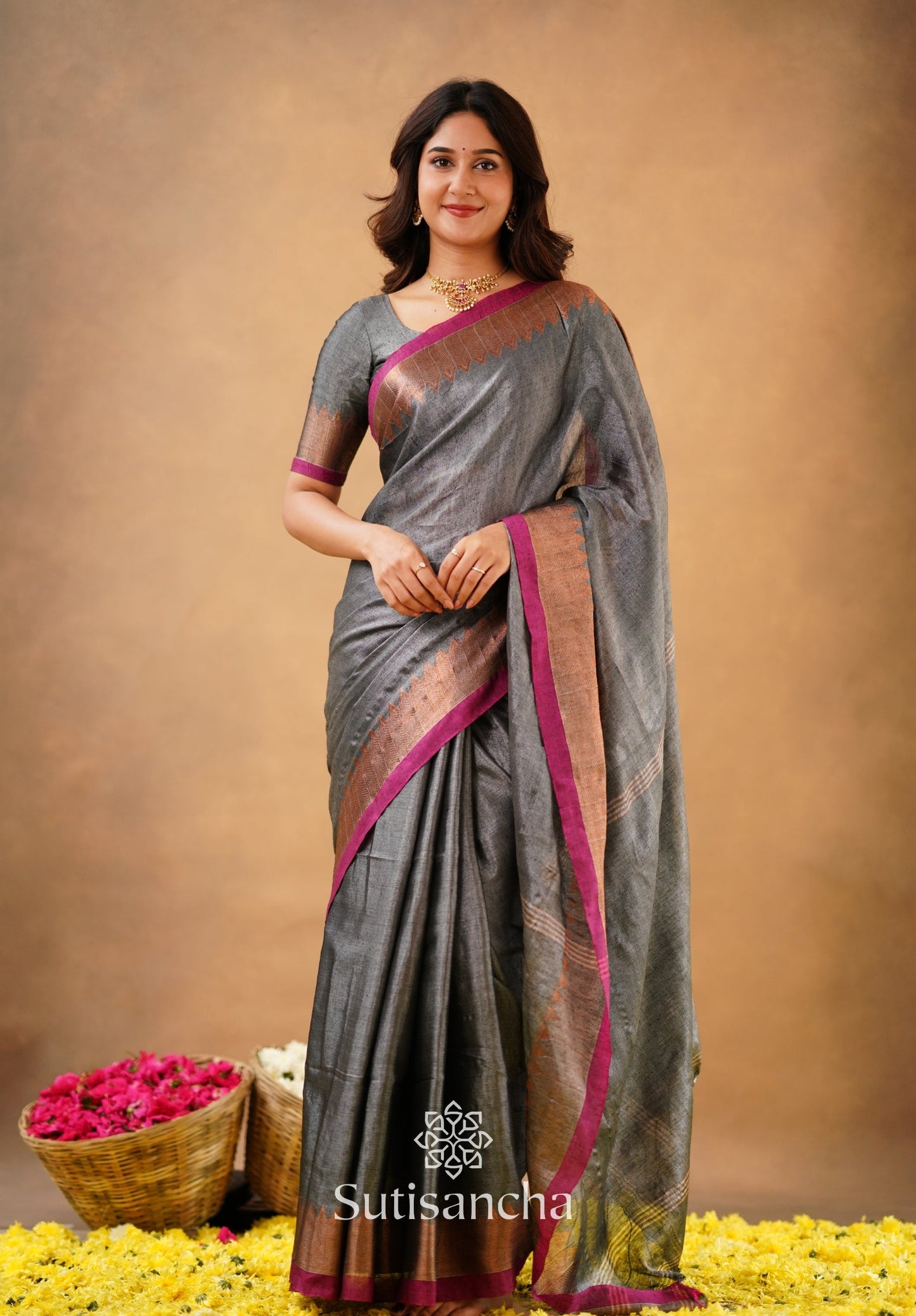 Dhiyona SS Sutisancha Grey Handloom Cotton Designer Tissue Saree