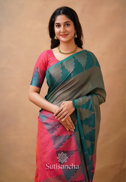 Dhiyona SS Tissue Cotton Handloom Saree with Artisanal Stepped Border