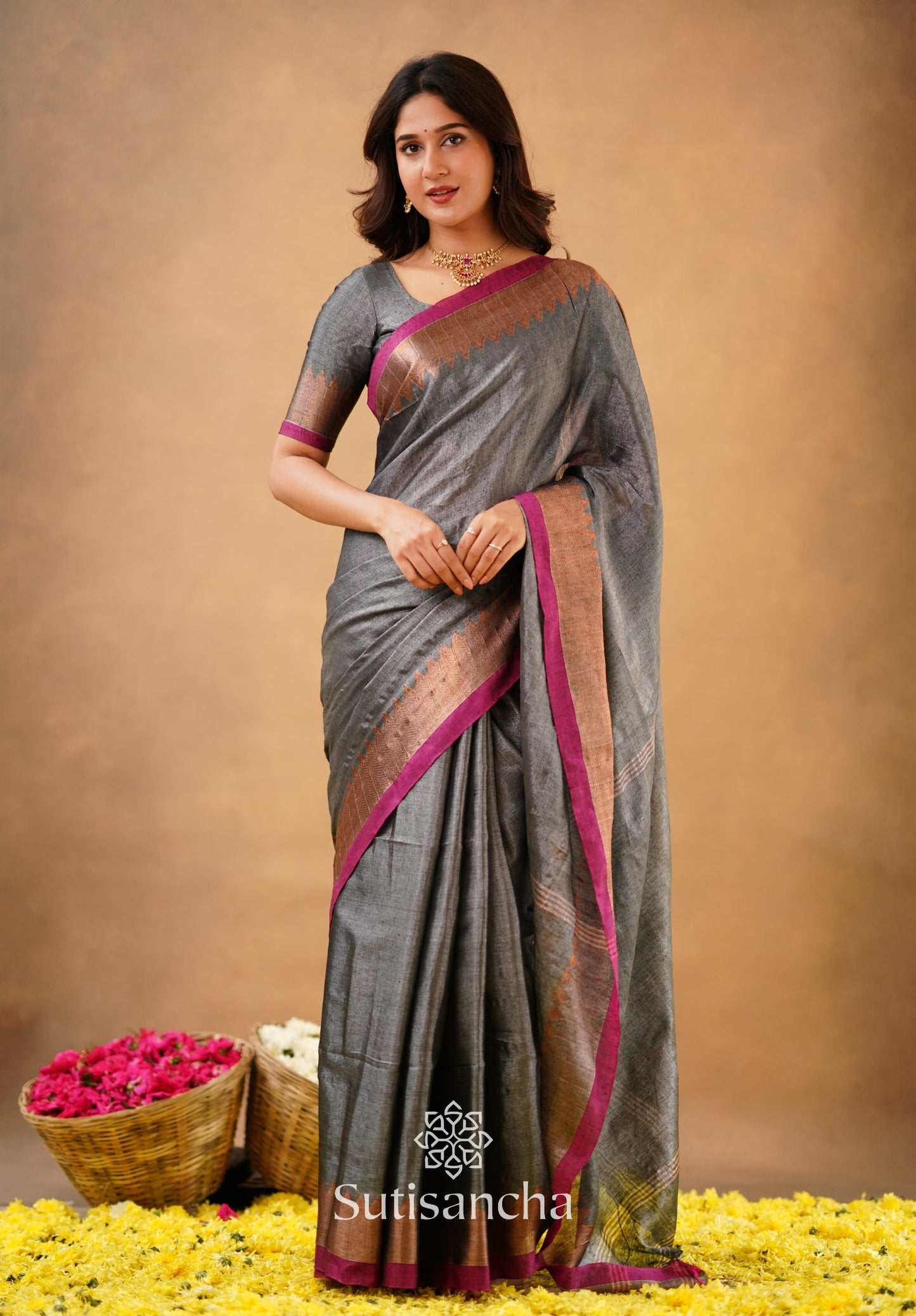 Dhiyona SS Sutisancha Grey Handloom Cotton Designer Tissue Saree