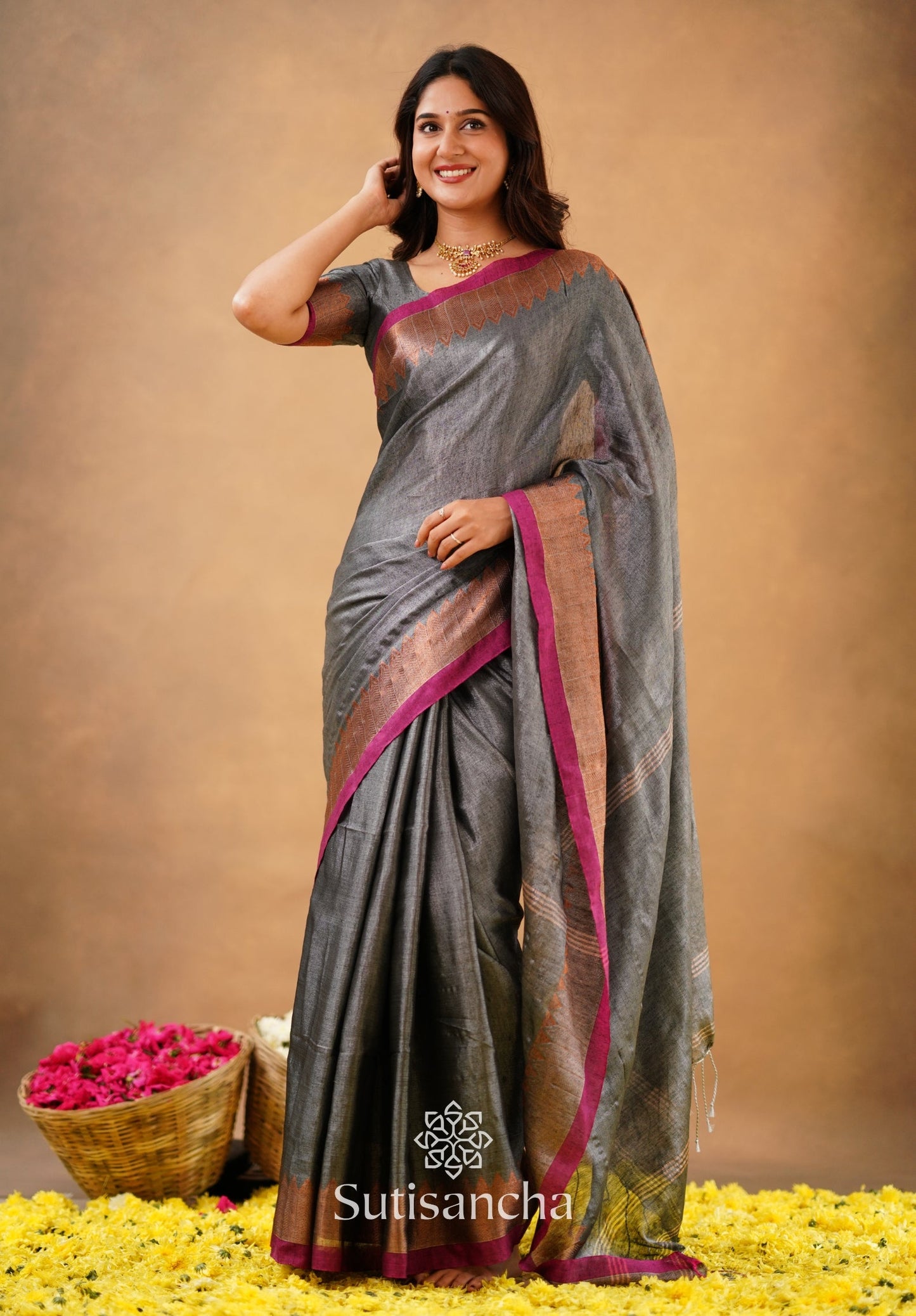 Dhiyona SS Sutisancha Grey Handloom Cotton Designer Tissue Saree