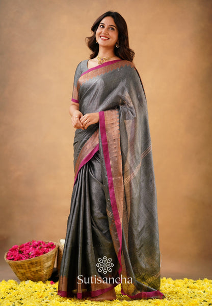 Dhiyona SS Sutisancha Grey Handloom Cotton Designer Tissue Saree