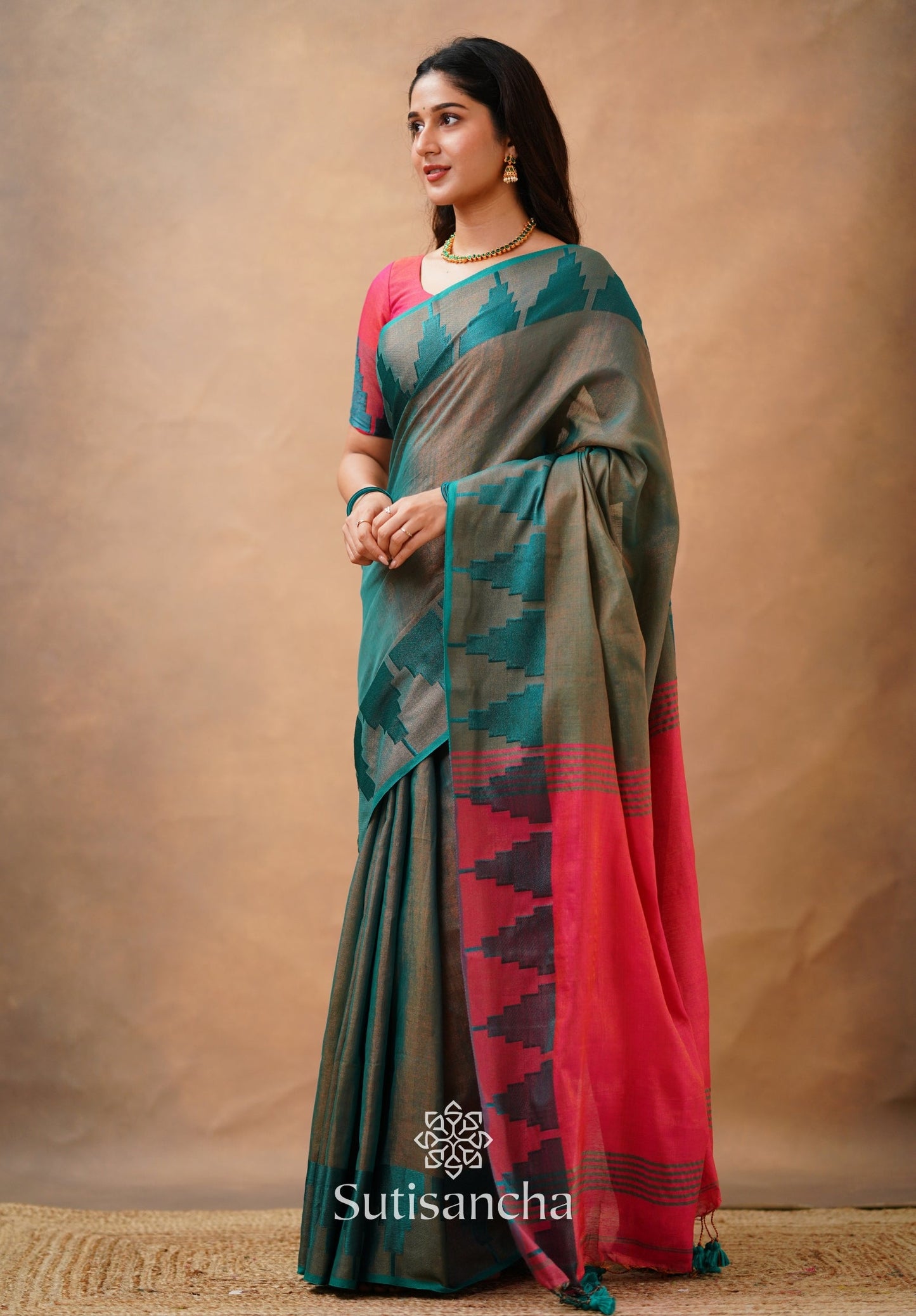 Dhiyona SS Tissue Cotton Handloom Saree with Artisanal Stepped Border