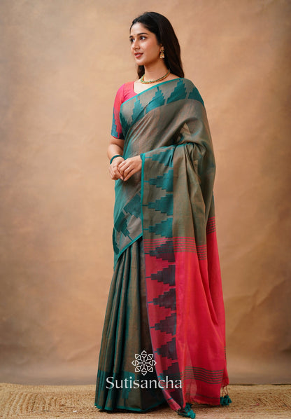 Dhiyona SS Tissue Cotton Handloom Saree with Artisanal Stepped Border