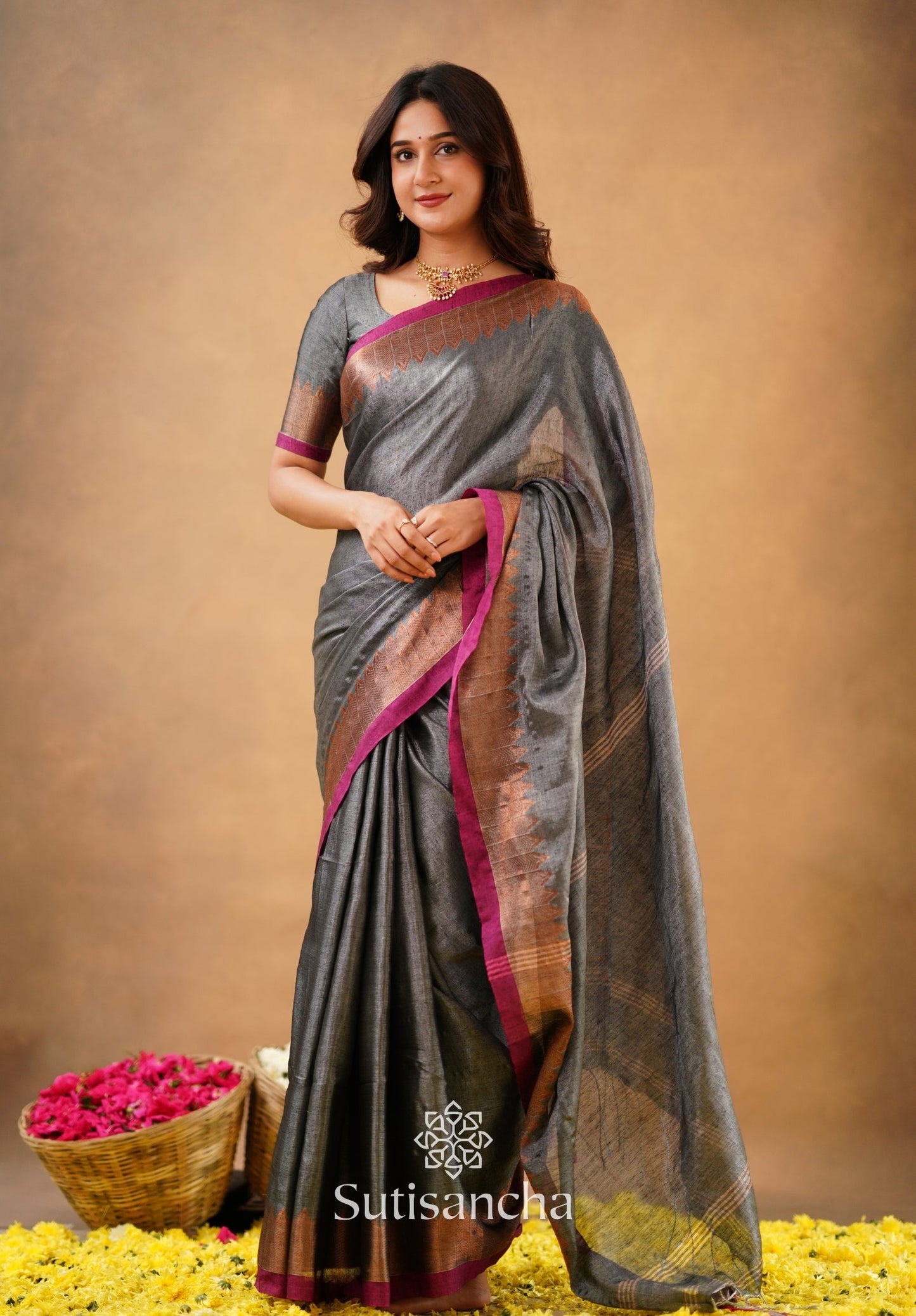 Dhiyona SS Sutisancha Grey Handloom Cotton Designer Tissue Saree