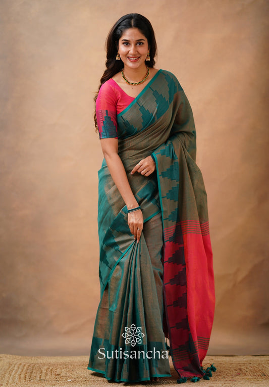 Dhiyona SS Tissue Cotton Handloom Saree with Artisanal Stepped Border
