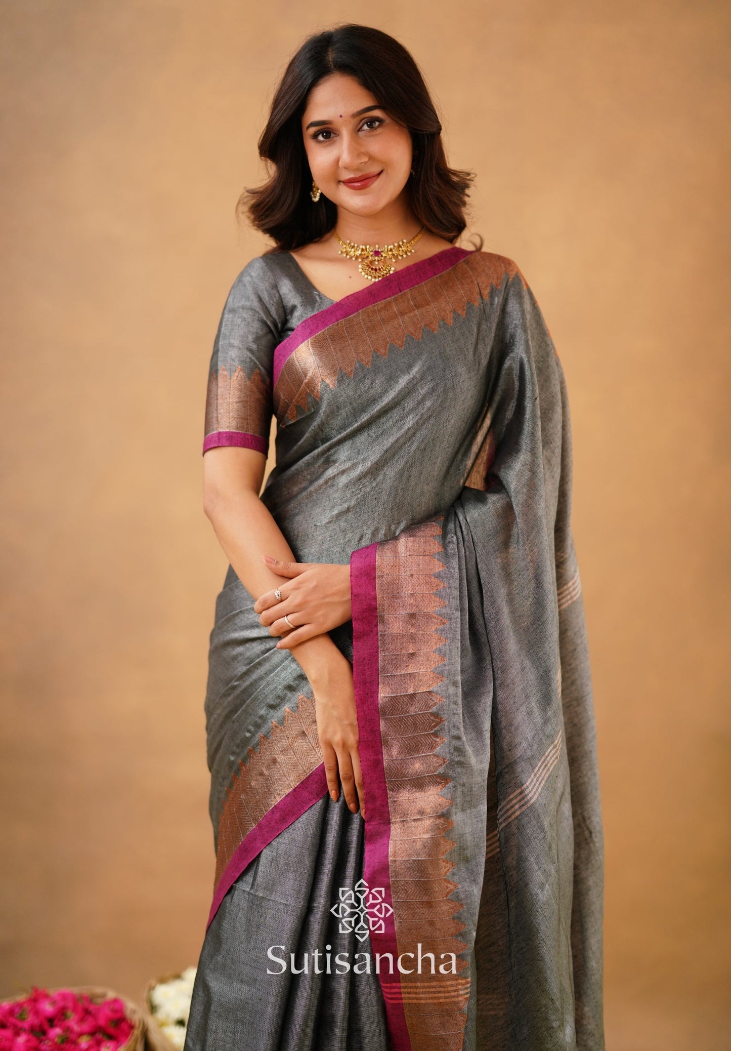 Dhiyona SS Sutisancha Grey Handloom Cotton Designer Tissue Saree