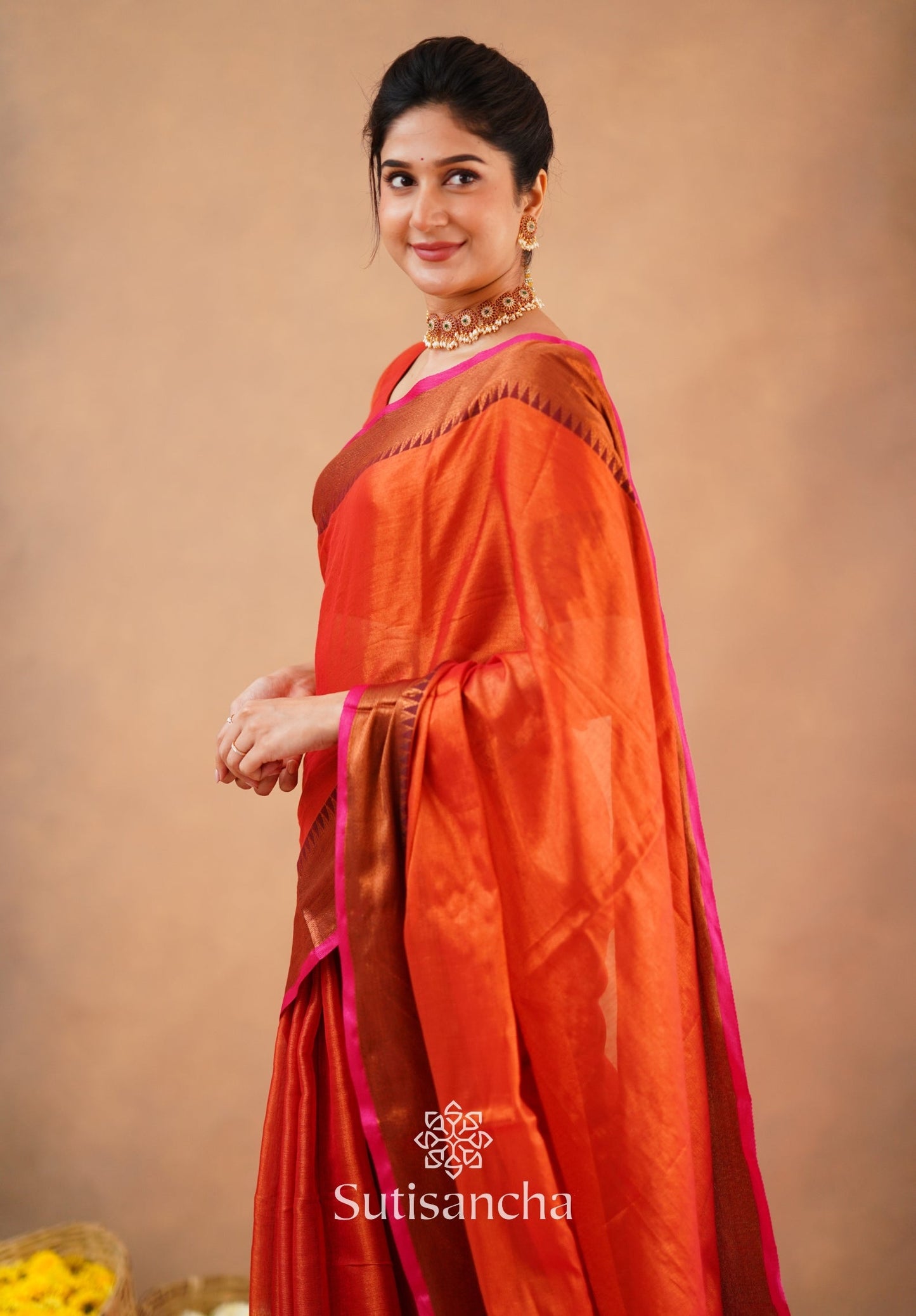 Dhiyona SS Sutisancha Orange Handloom Cotton Tissue Saree