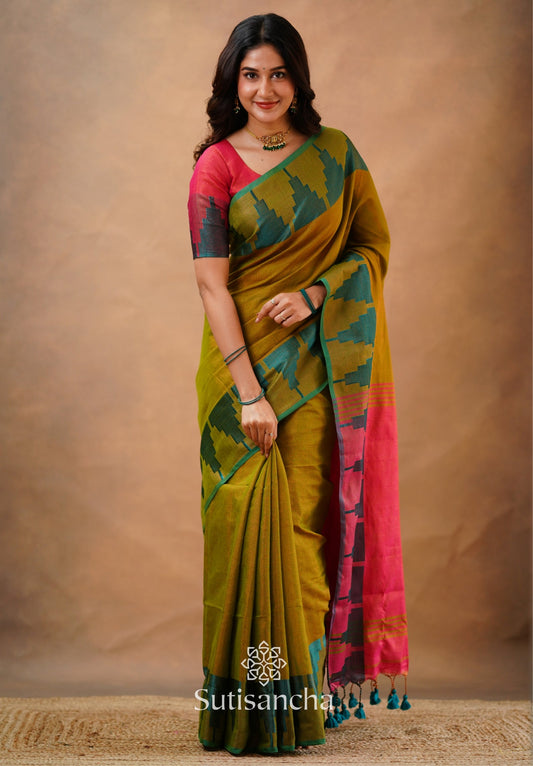 Dhiyona SS Tissue Cotton Handloom Saree with Artisanal Stepped Border