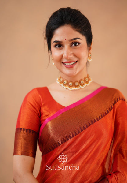 Dhiyona SS Sutisancha Orange Handloom Cotton Tissue Saree