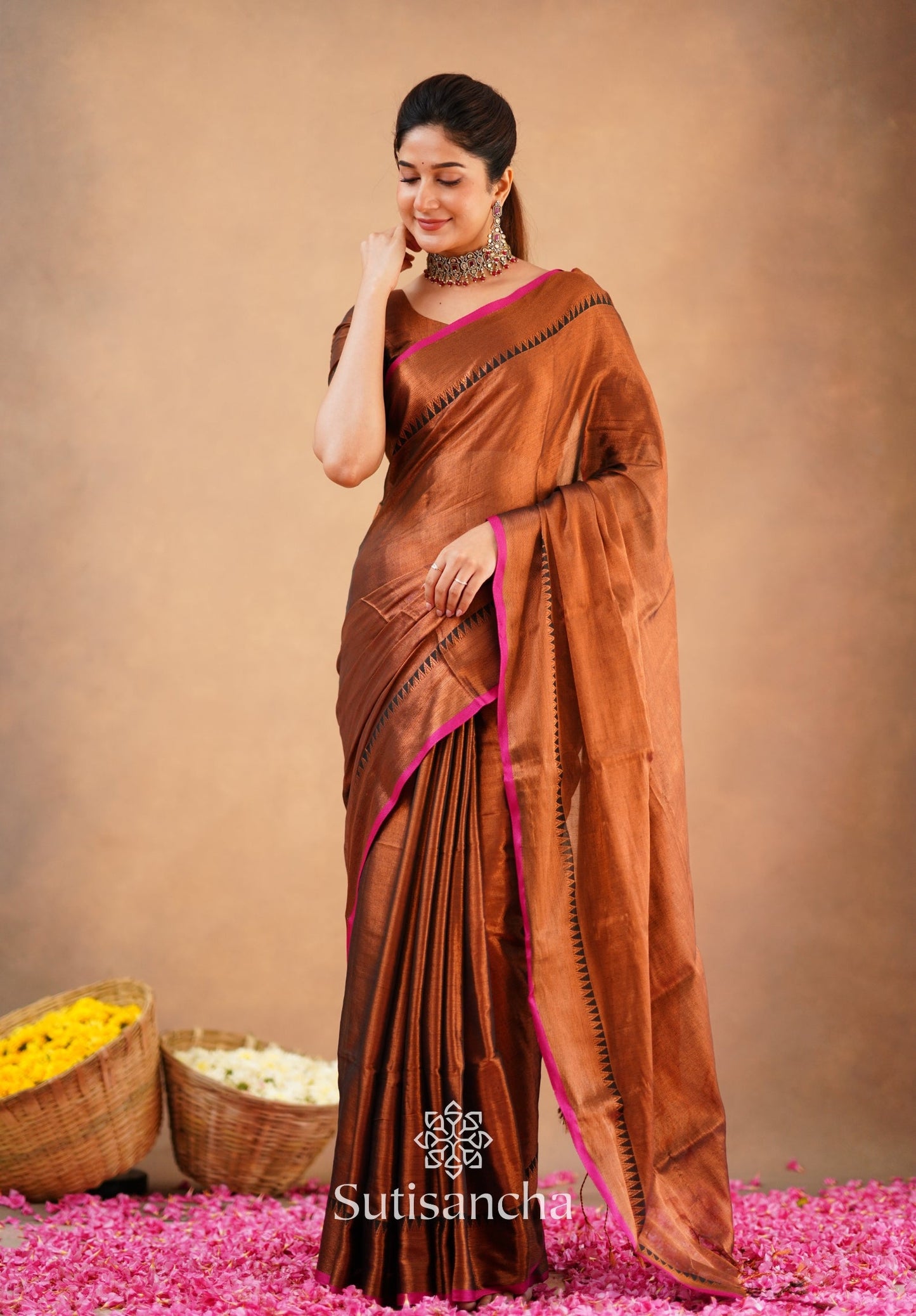 Dhiyona SS Sutisancha Copper Handloom Cotton Tissue Saree