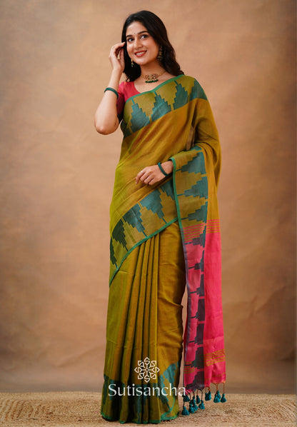 Dhiyona SS Tissue Cotton Handloom Saree with Artisanal Stepped Border