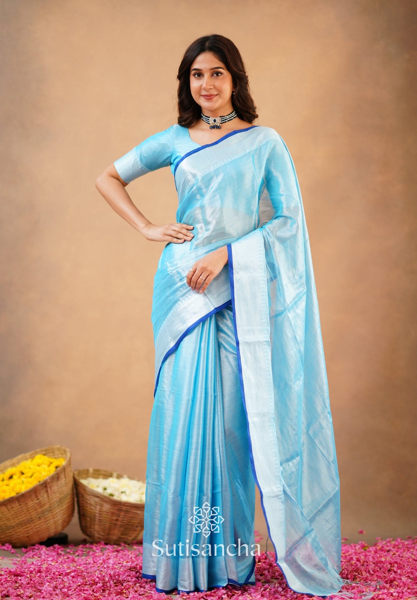 Dhiyona SS Sutisancha Aqua Blue Handloom Cotton Tissue Saree