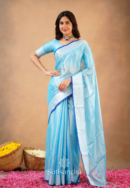 Dhiyona SS Sutisancha Aqua Blue Handloom Cotton Tissue Saree