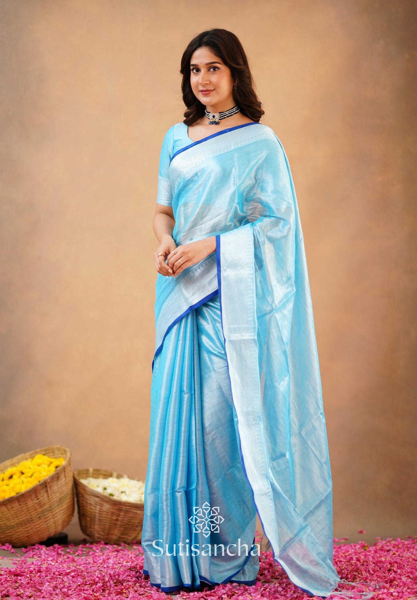 Dhiyona SS Sutisancha Aqua Blue Handloom Cotton Tissue Saree