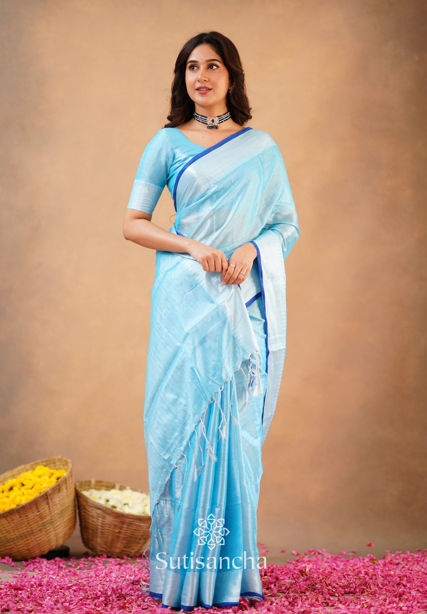 Dhiyona SS Sutisancha Aqua Blue Handloom Cotton Tissue Saree