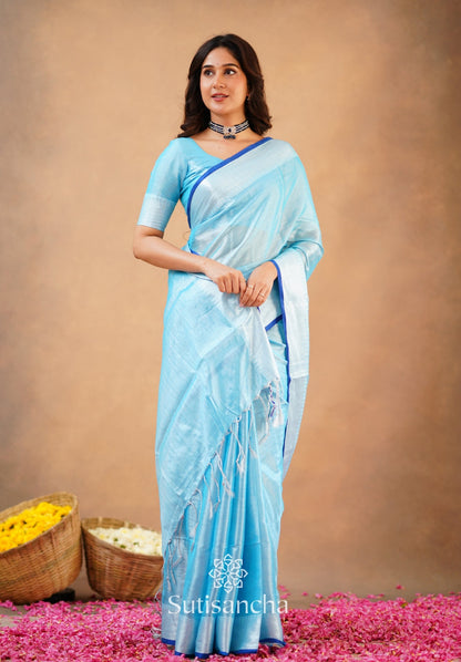 Dhiyona SS Sutisancha Aqua Blue Handloom Cotton Tissue Saree