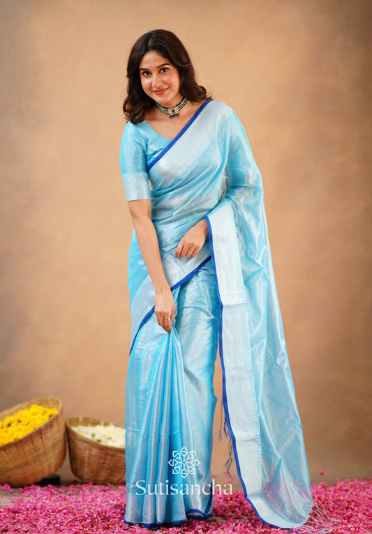 Dhiyona SS Sutisancha Aqua Blue Handloom Cotton Tissue Saree