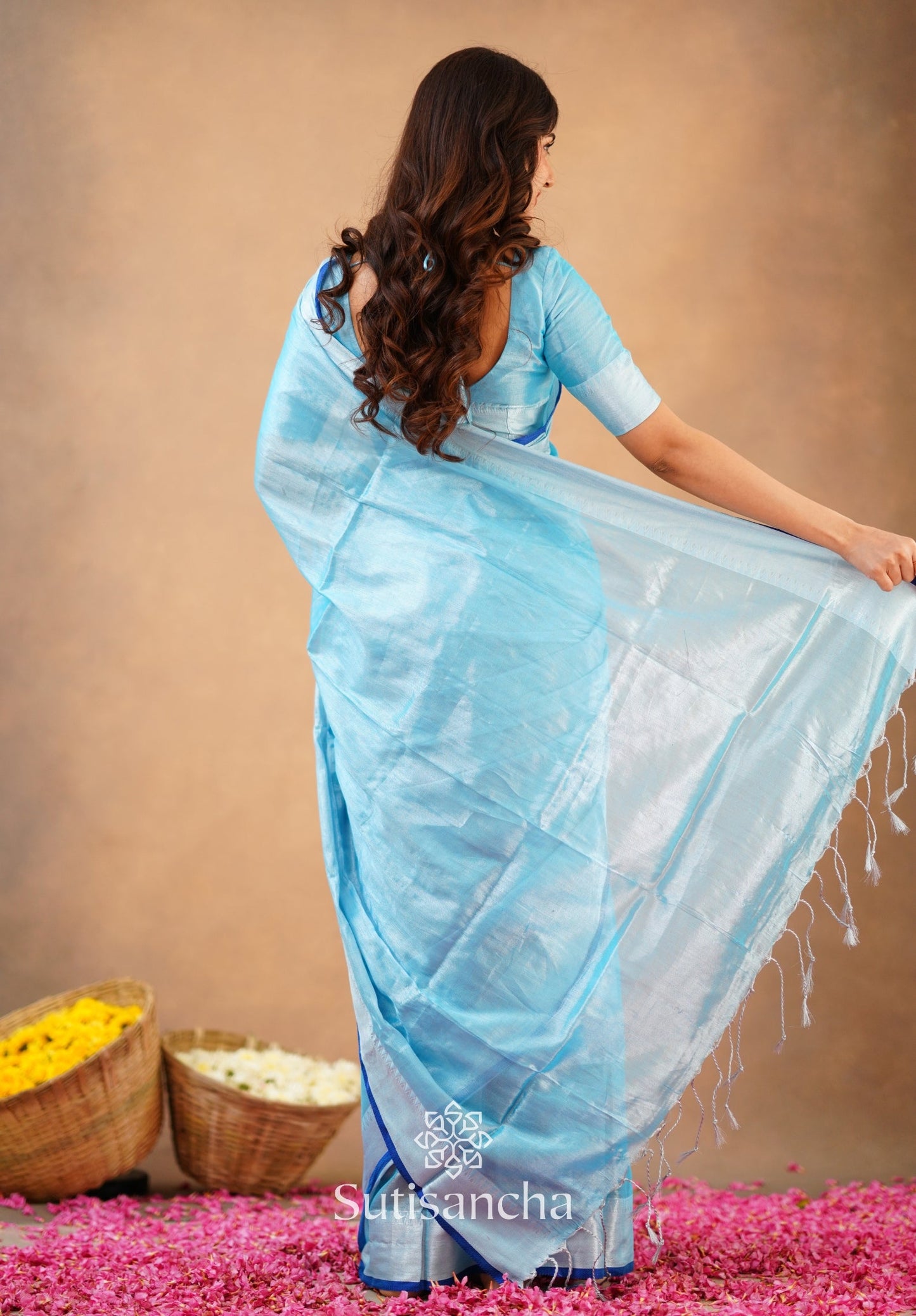 Dhiyona SS Sutisancha Aqua Blue Handloom Cotton Tissue Saree