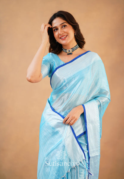 Dhiyona SS Sutisancha Aqua Blue Handloom Cotton Tissue Saree